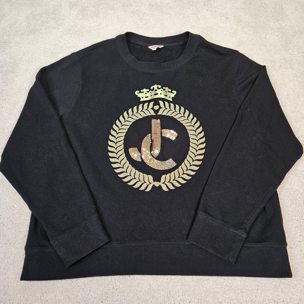 Womens Y2K Juicy Couture Sz XL Black Sequin Logo Sweatshirt Pullover Long Sleeve